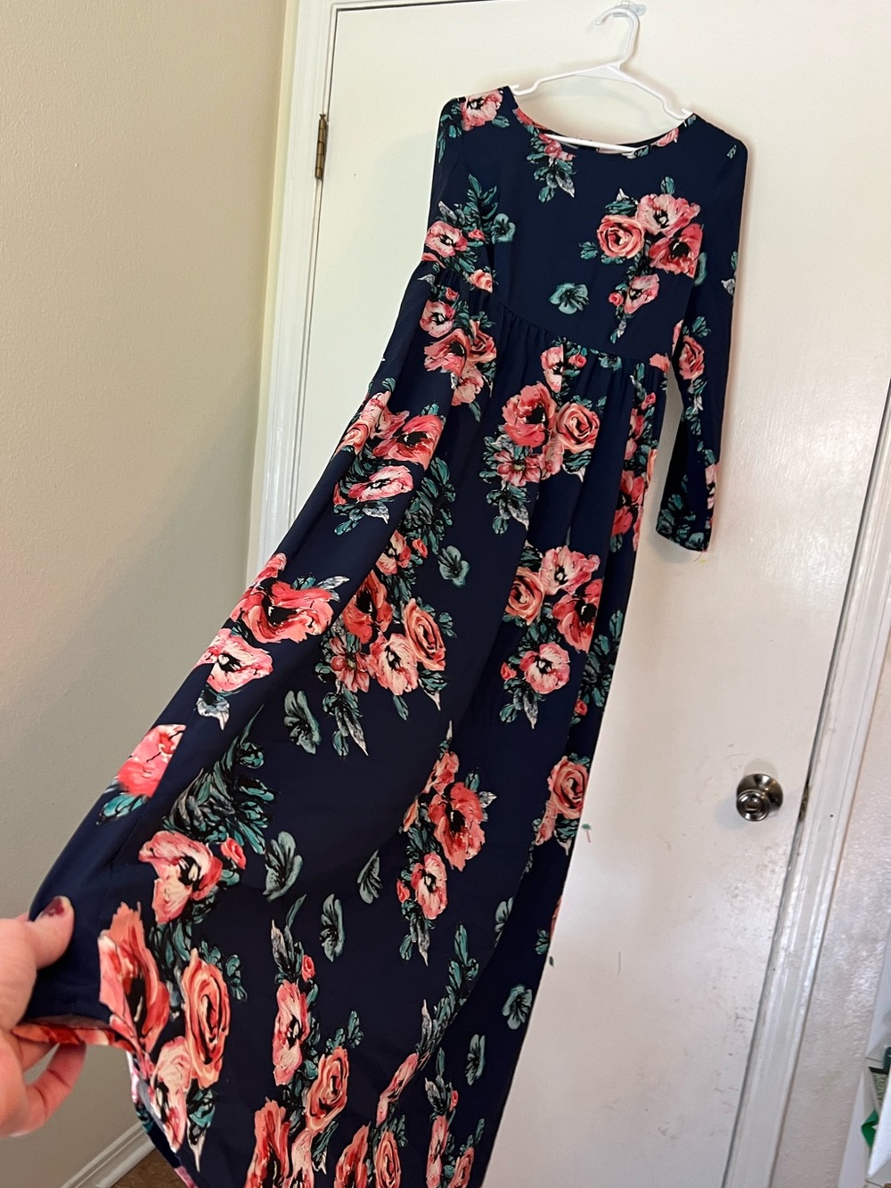 Floral Navy Maxi Dress with Pink Rose Print Size L